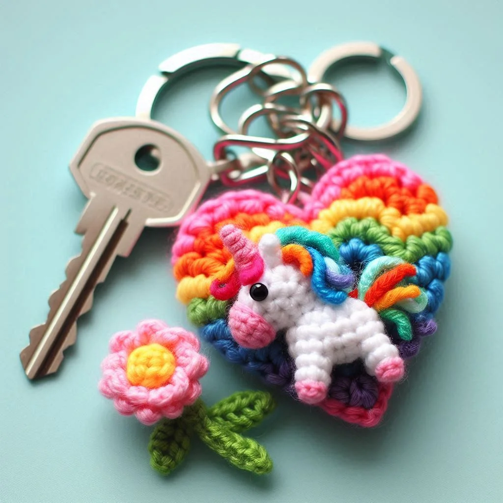Fun Vibrant Project Handmade Crochet Rainbow Heart Keychain