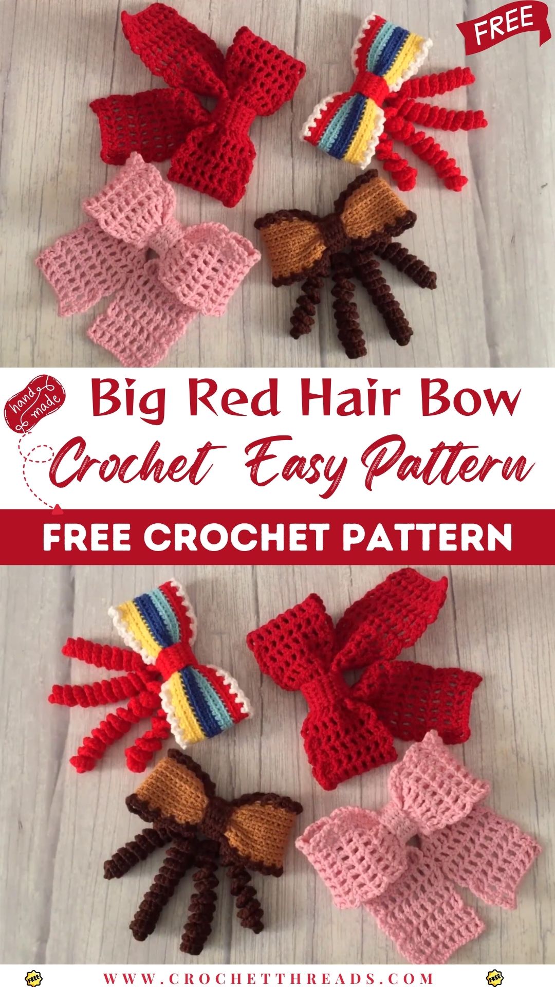 DIY Crochet Big Red Hair Bow Clips Easy Pattern