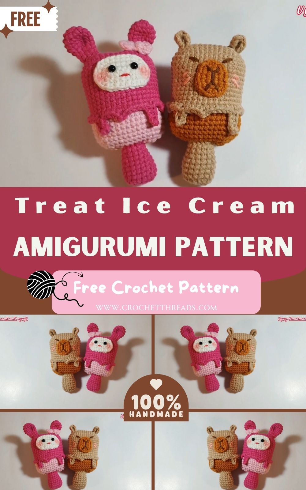 Cute Crochet Sweet Treat Ice Cream Amigurumi Pattern Toy