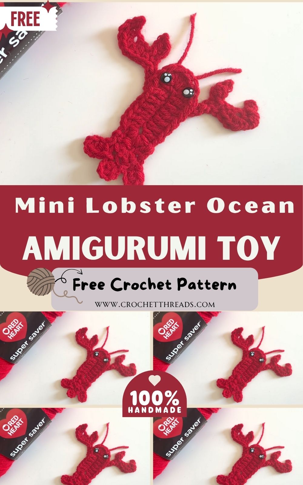 DIY Mini Crochet Lobster Ocean Amigurumi Pattern Toy