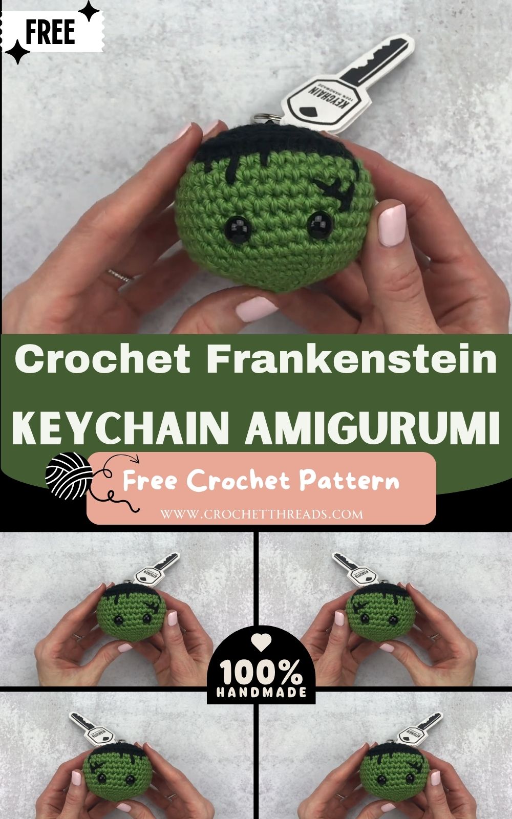 Easy Crochet Frankenstein Keychain Halloween Amigurumi Pattern