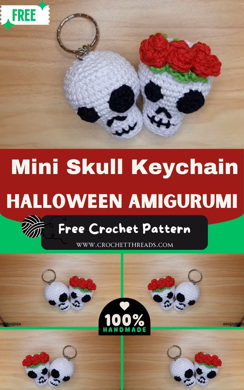Easy Crochet Mini Skull Keychain Halloween Amigurumi Pattern
