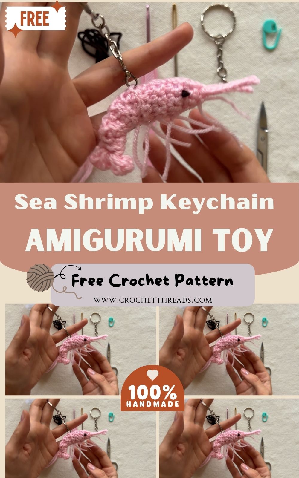 Mini Crochet Sea Shrimp Keychain Amigurumi Pattern Toy