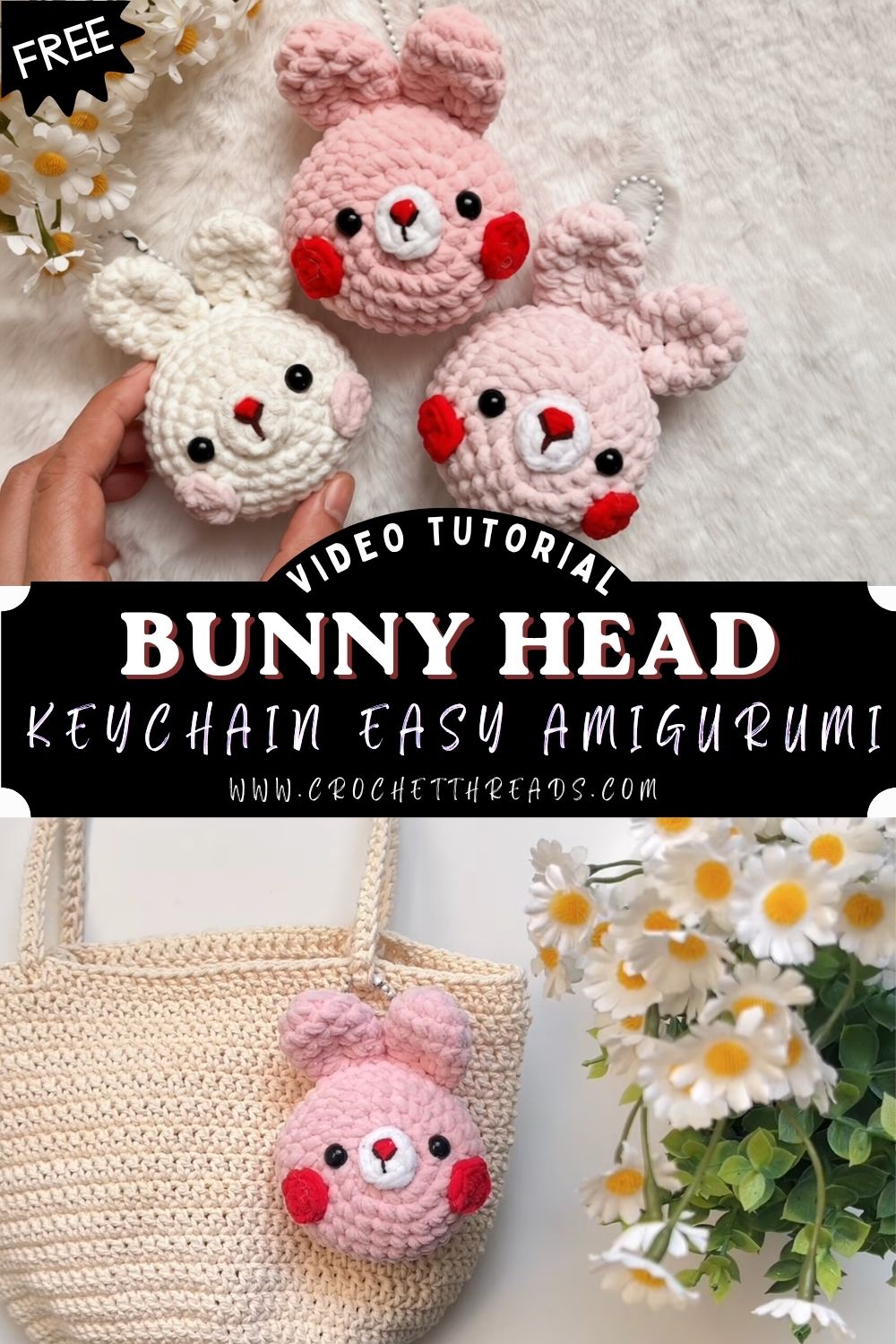 Fearless Crochet Bunny Head Keychain Easy Amigurumi Pattern Step-by-Step