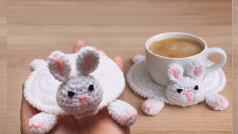 Unique Cute Crochet Bunny Coaster Easter & Spring Pattern Table Decor