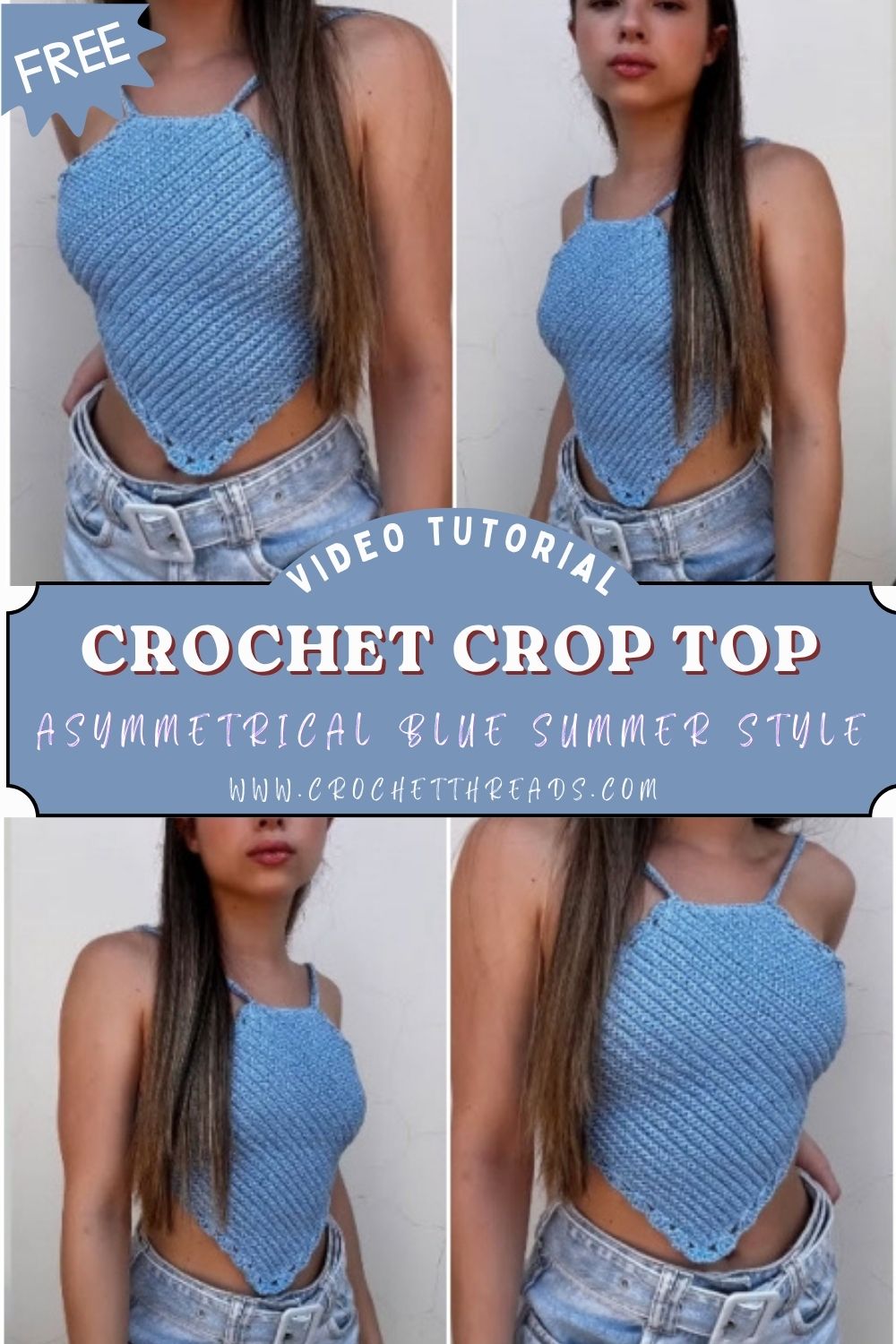 Minimalist Crochet Crop Top Asymmetrical Blue Summer Style Pattern