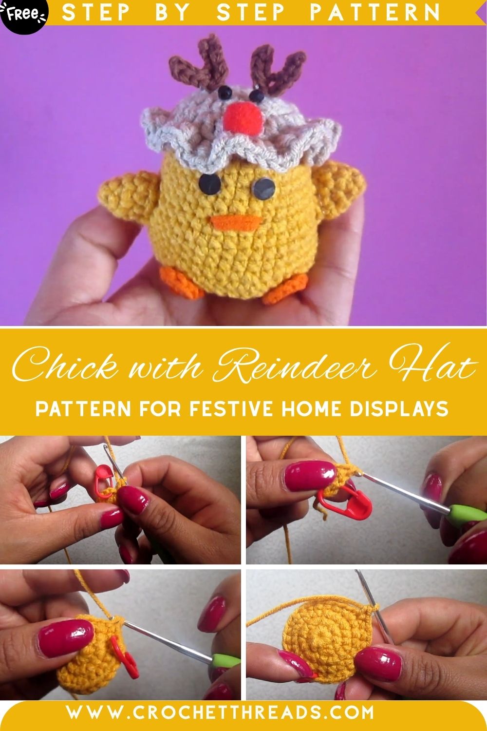 Beautiful Crochet Chick with Reindeer Hat Amigurumi Pattern for Festive Home Displays