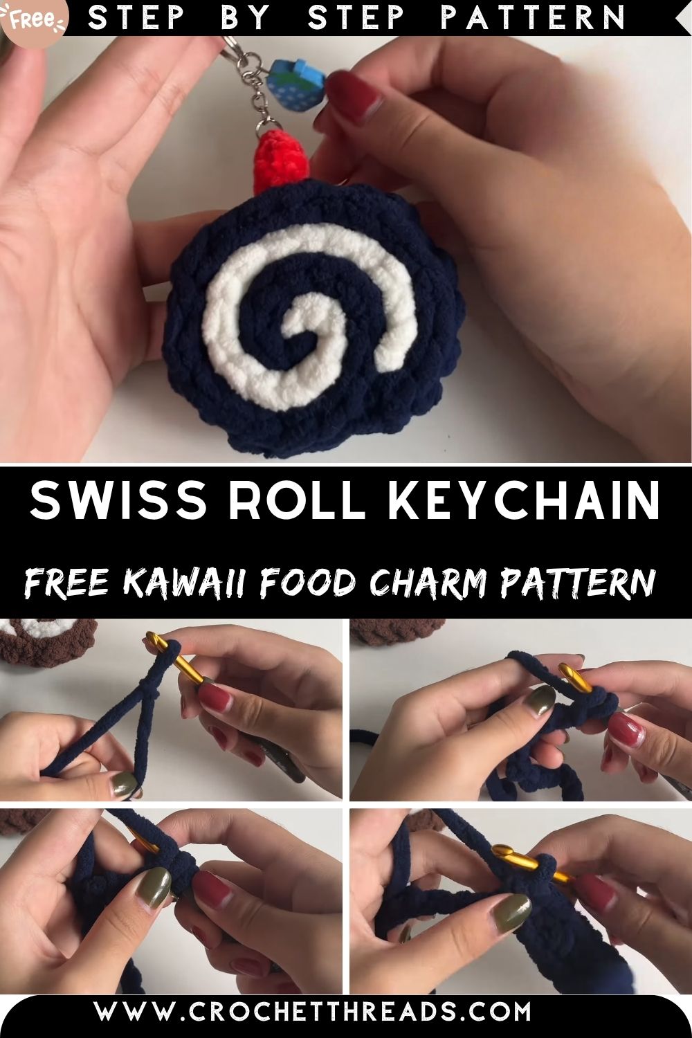 Polished Crochet Swiss Roll Keychain Free Kawaii Food Charm Pattern You'll Love!