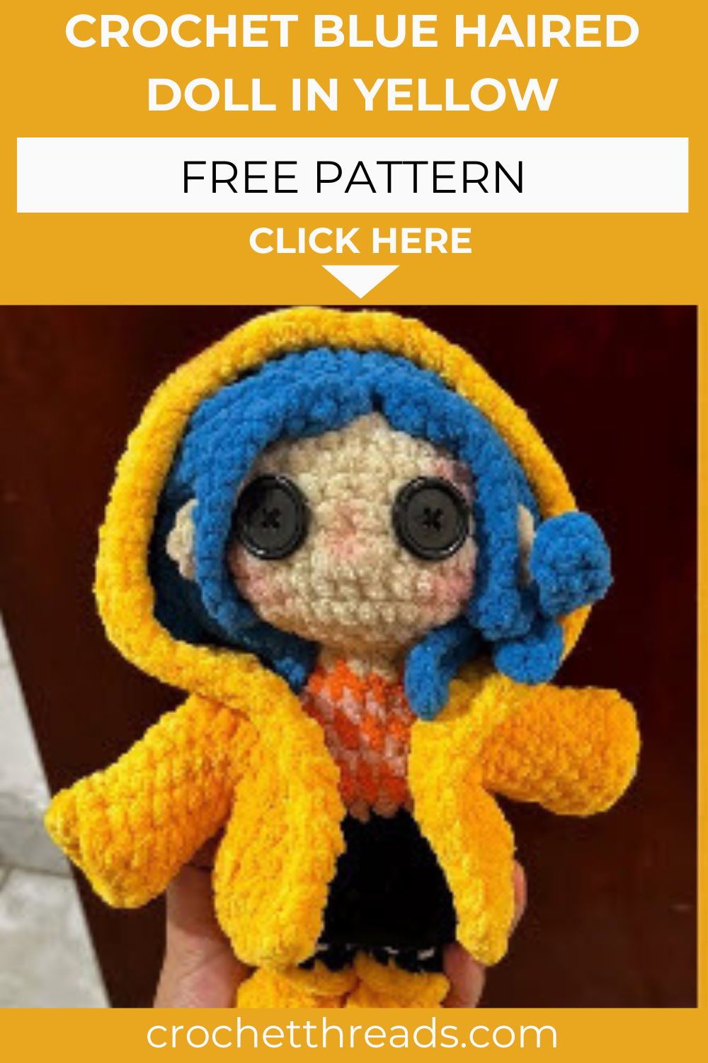 Cute Crochet Blue Haired Doll in Yellow Raincoat Amigurumi Pattern