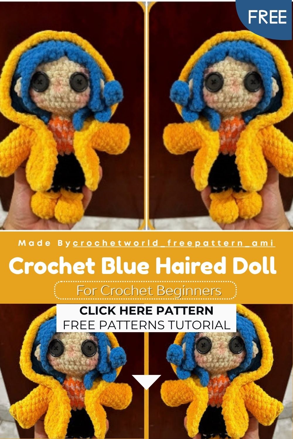 Cute Crochet Blue Haired Doll in Yellow Raincoat Amigurumi Pattern