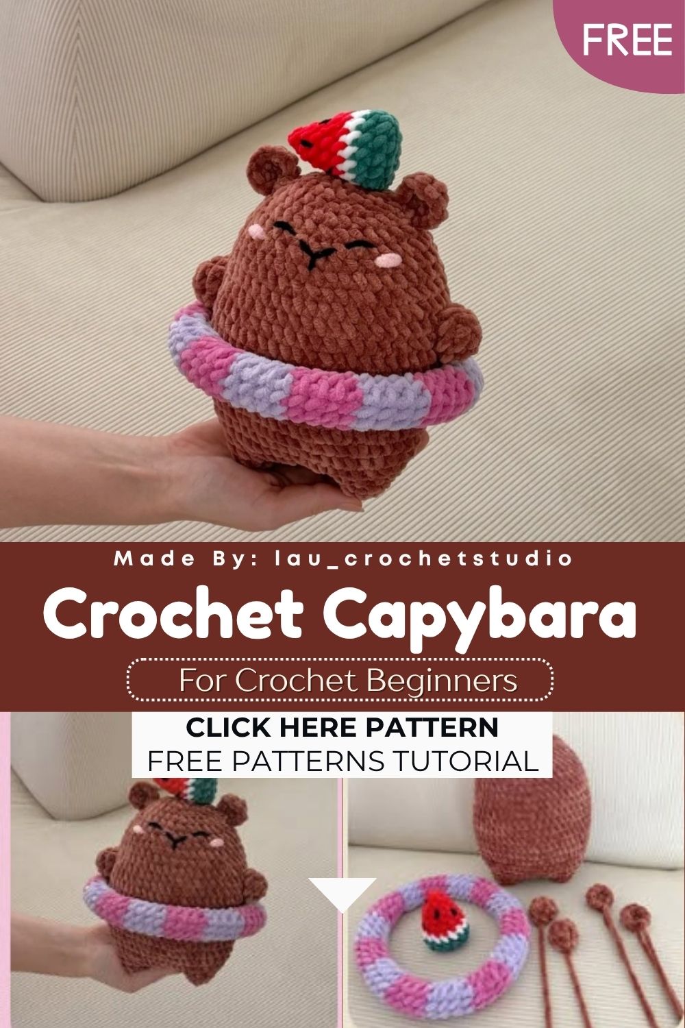 Free Crochet Capybara Amigurumi Easy Pattern with Watermelon Hat