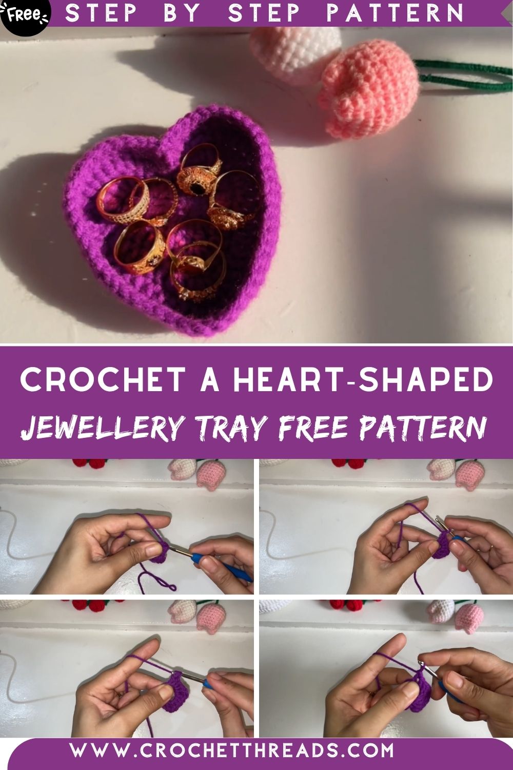 How To Crochet A Heart-Shaped Jewellery Tray Free Pattern Step By Step