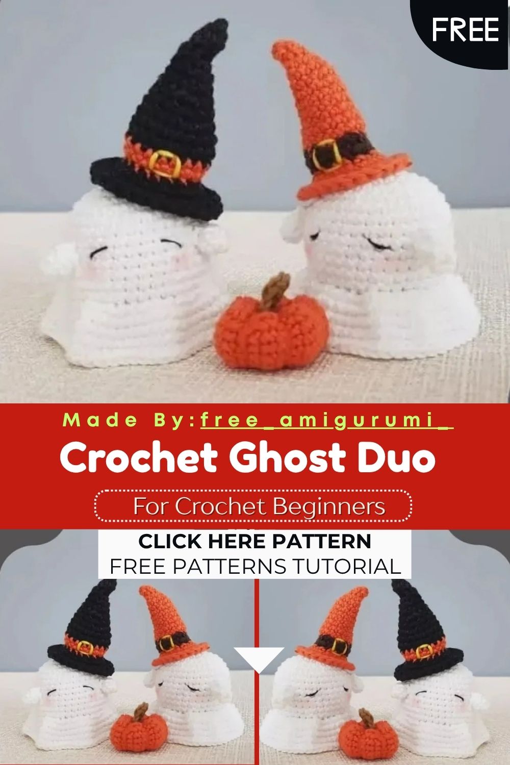 Spooky Crochet Ghost Duo with Witch Hats – Free Amigurumi Pattern