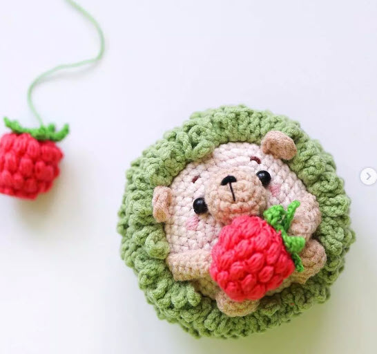 Crochet Hedgehog with Raspberry Pattern and Mushroom