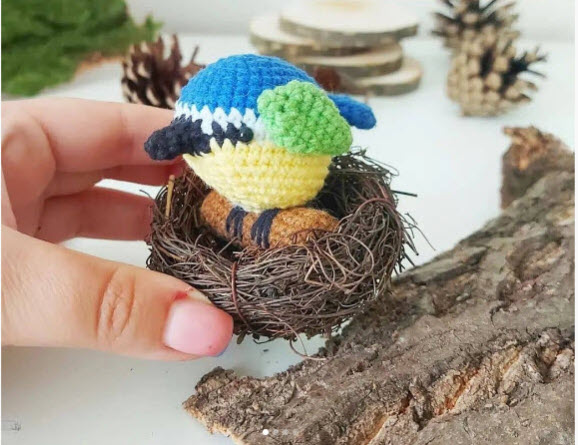 Crochet Bluebird Amigurumi Pattern Nest Display Style