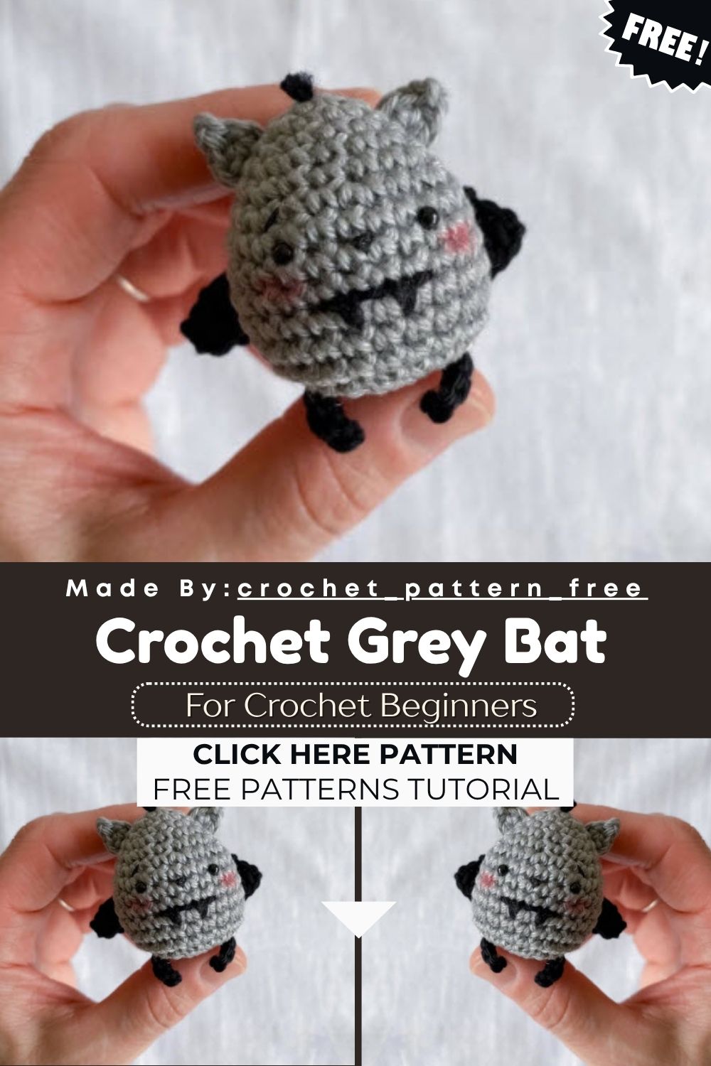 Humble Crochet Grey Bat Toy Amigurumi Free Pattern