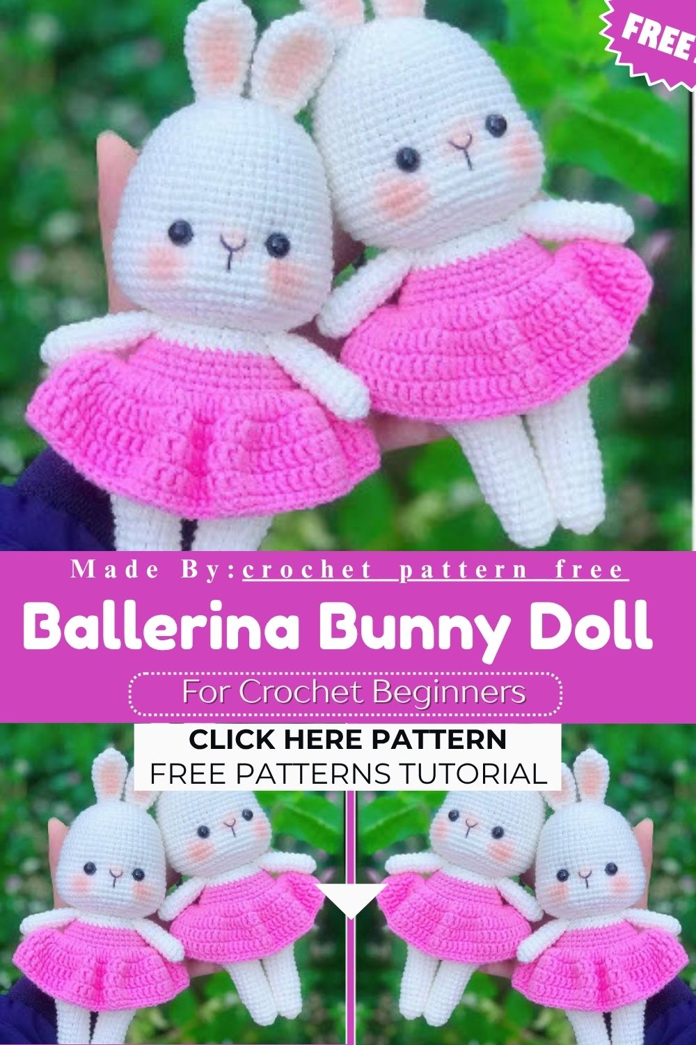 Crochet Ballerina Bunny Doll Amigurumi Pattern with Pink Dress