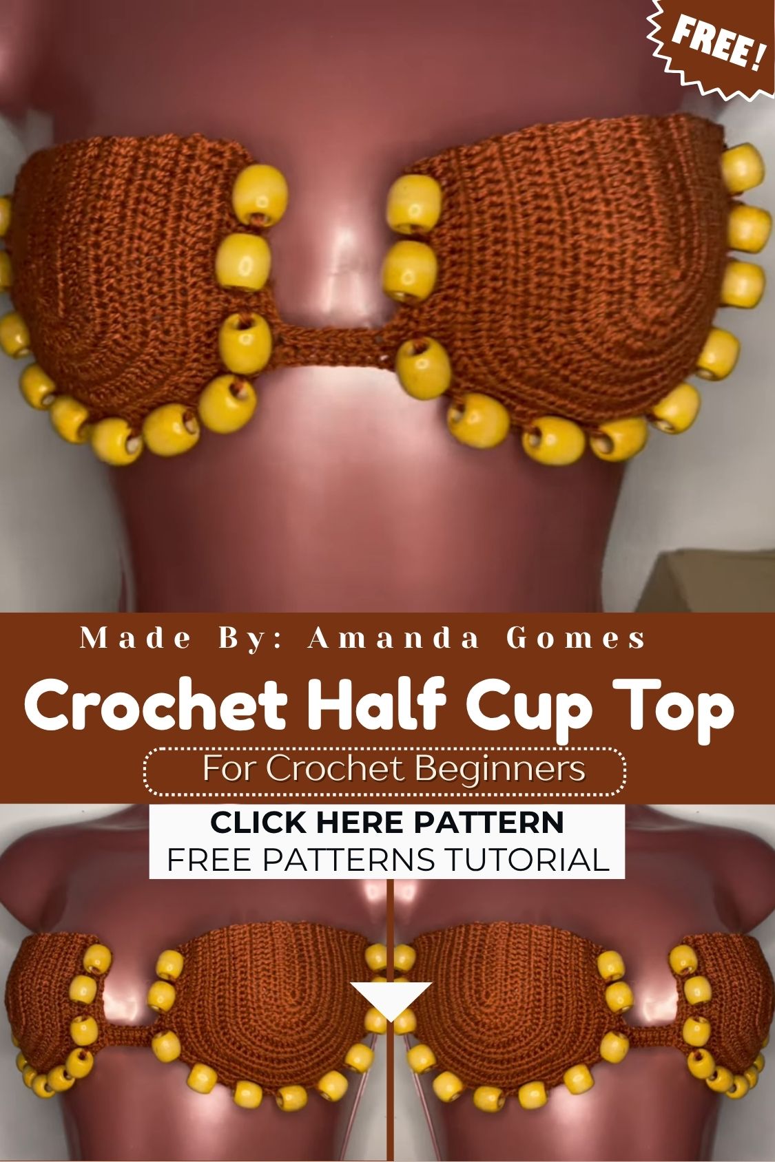 Crochet Half Cup Top Pattern with Wooden Ball Detail