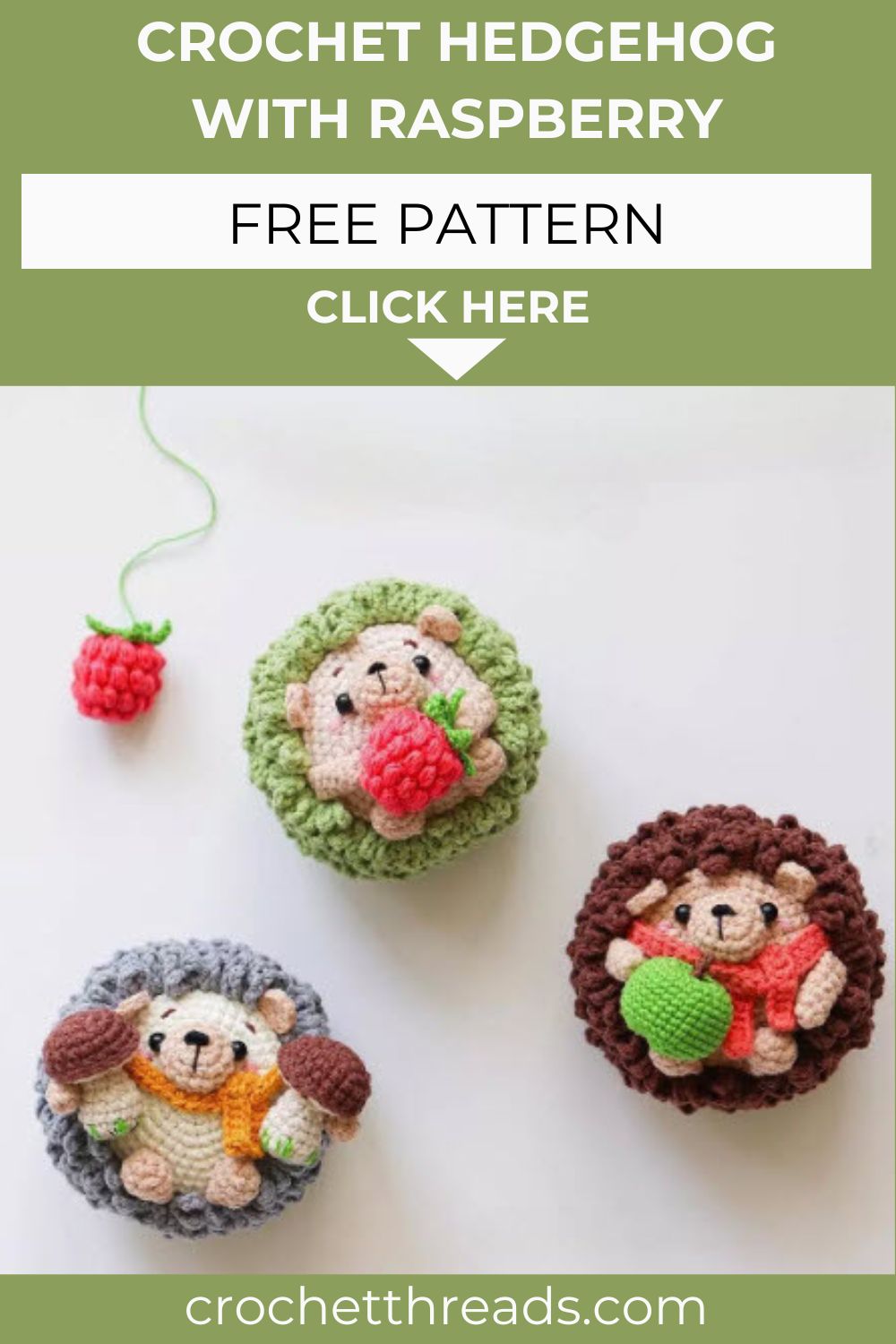 Crochet Hedgehog with Raspberry Pattern and Mushroom