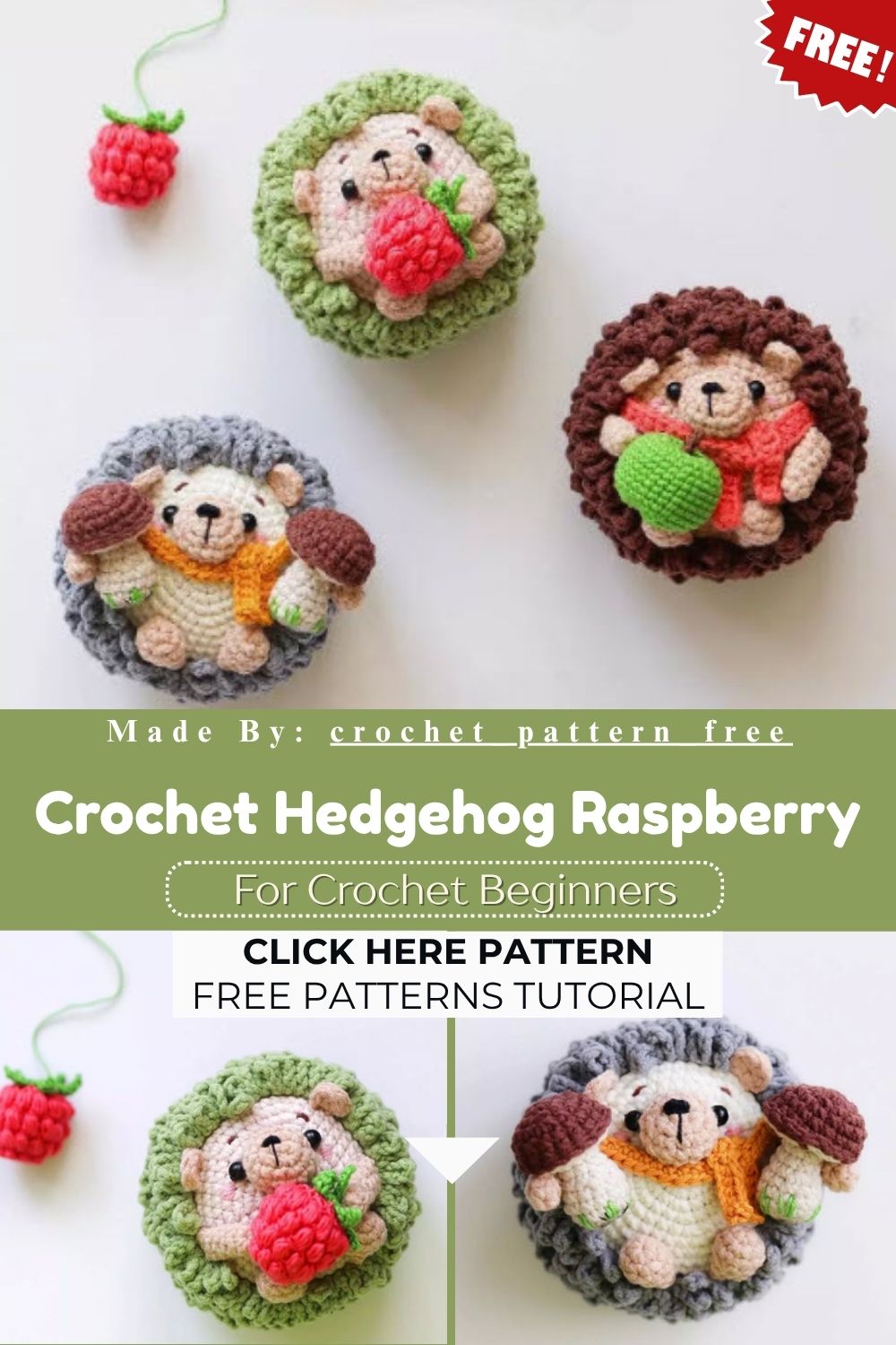 Crochet Hedgehog with Raspberry Pattern and Mushroom