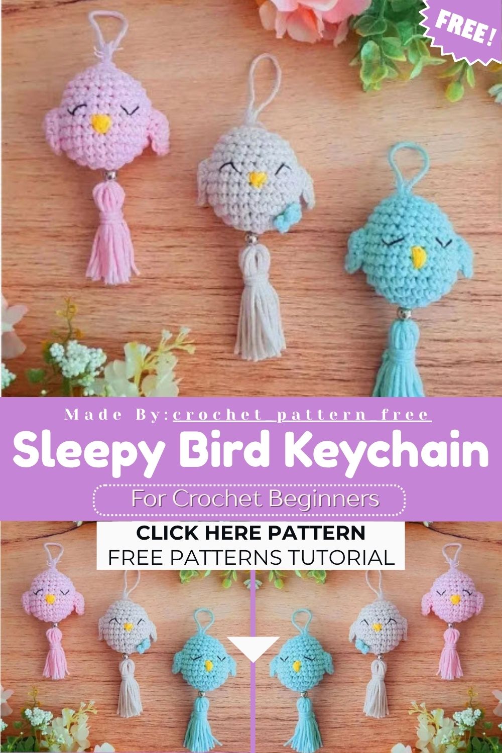 Crochet Sleepy Bird Keychain Amigurumi Pattern for Bags