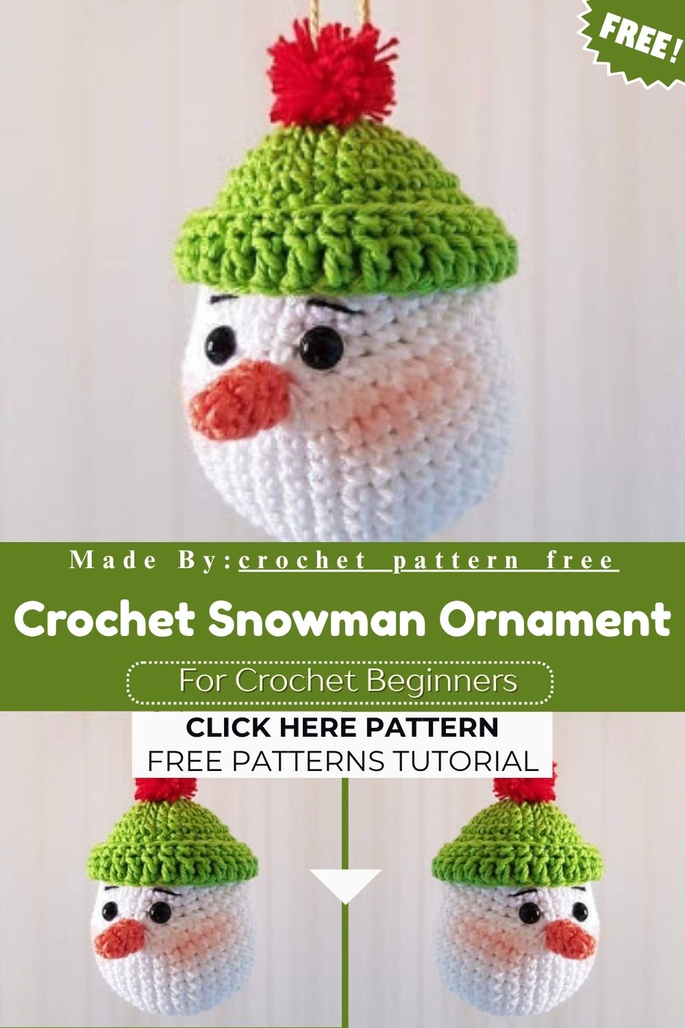 Crochet Snowman Ornament Amigurumi Pattern with Pom Pom Hat