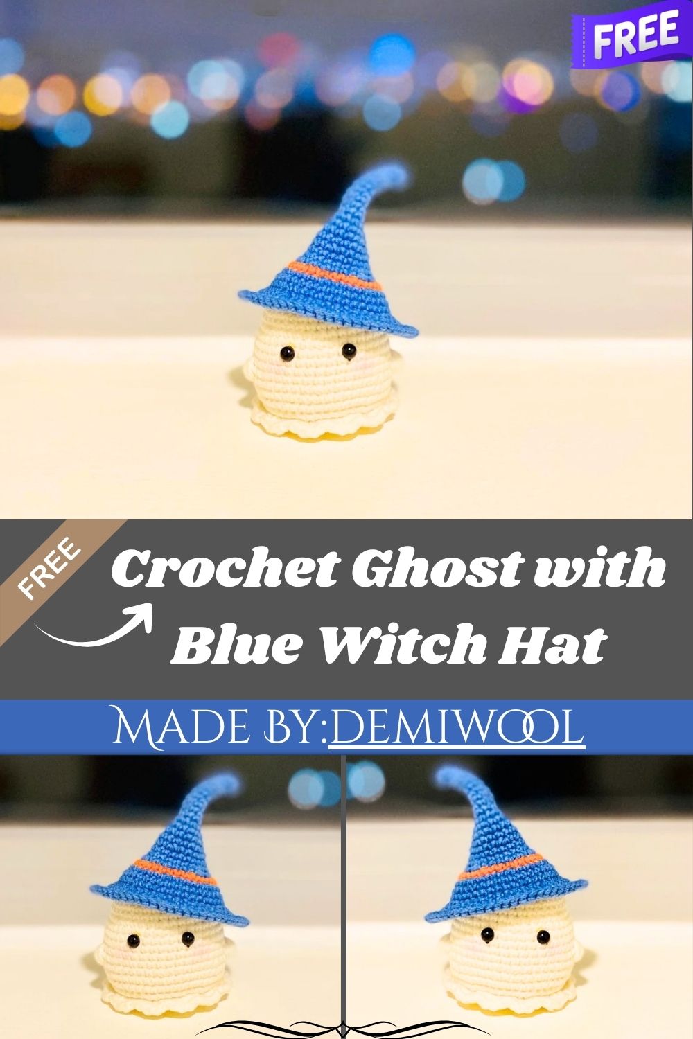 Cute Crochet Ghost with Blue Witch Hat Amigurumi Plush