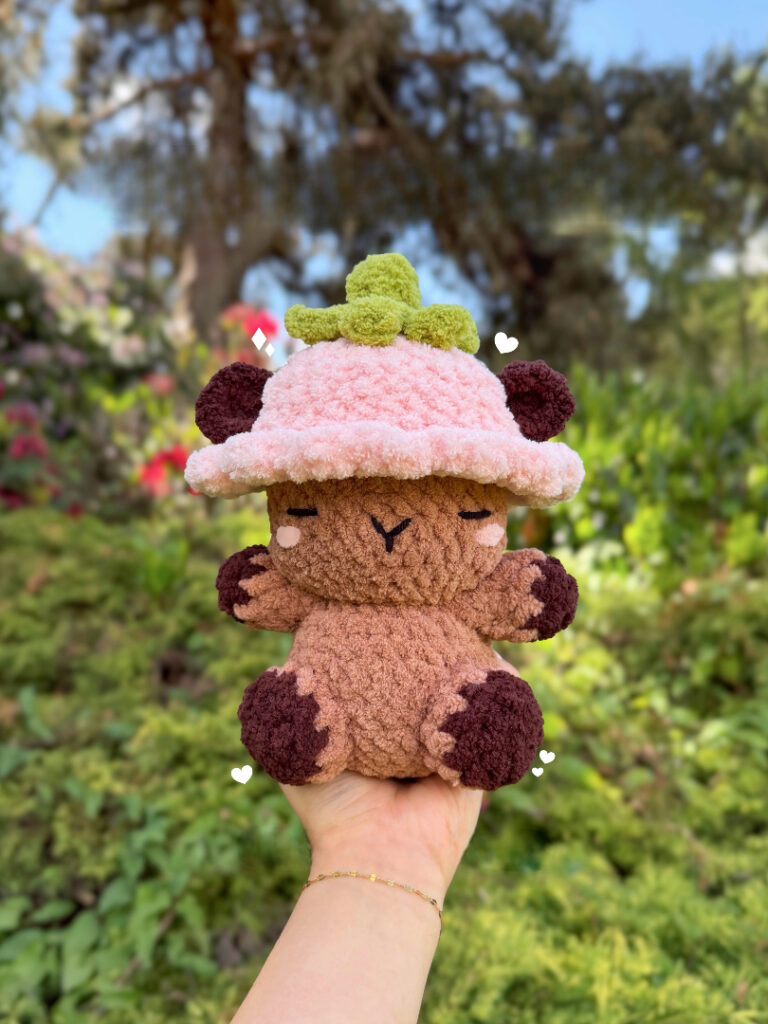Handmade Crochet Cow Plush with Pink Mushroom Hat