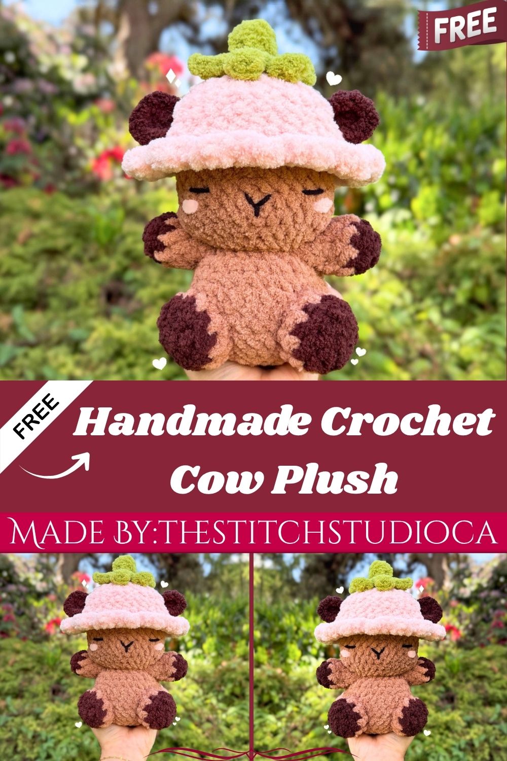 Handmade Crochet Cow Plush with Pink Mushroom Hat