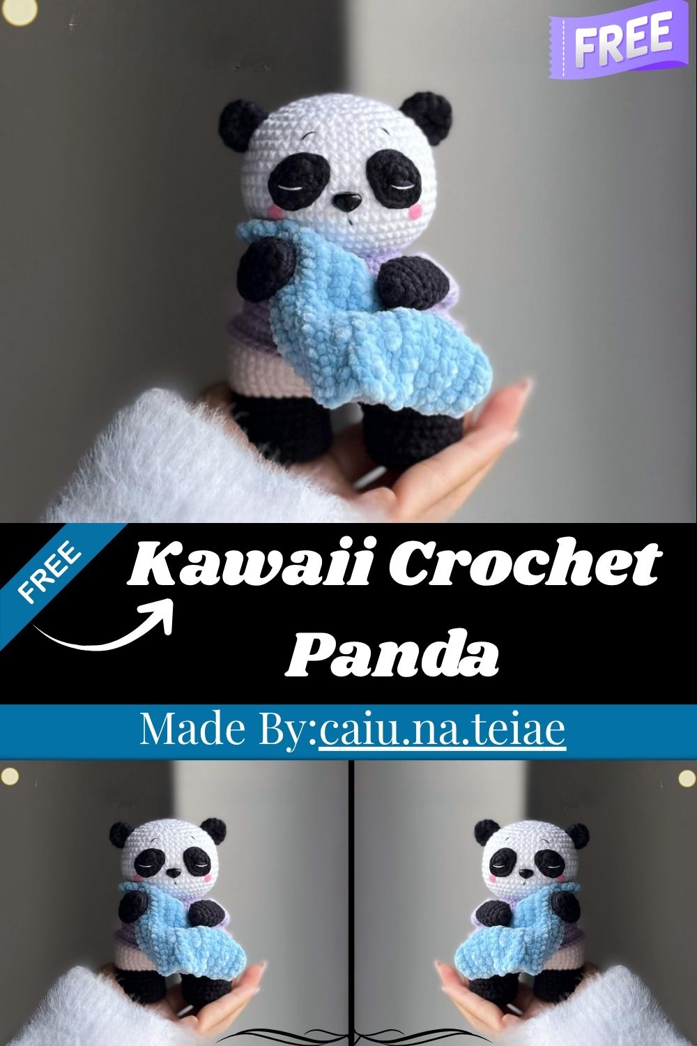 Kawaii Crochet Panda with Cozy Blue Blanket Handmade Plush