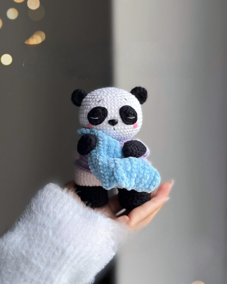 Kawaii Crochet Panda with Cozy Blue Blanket | Handmade Plush