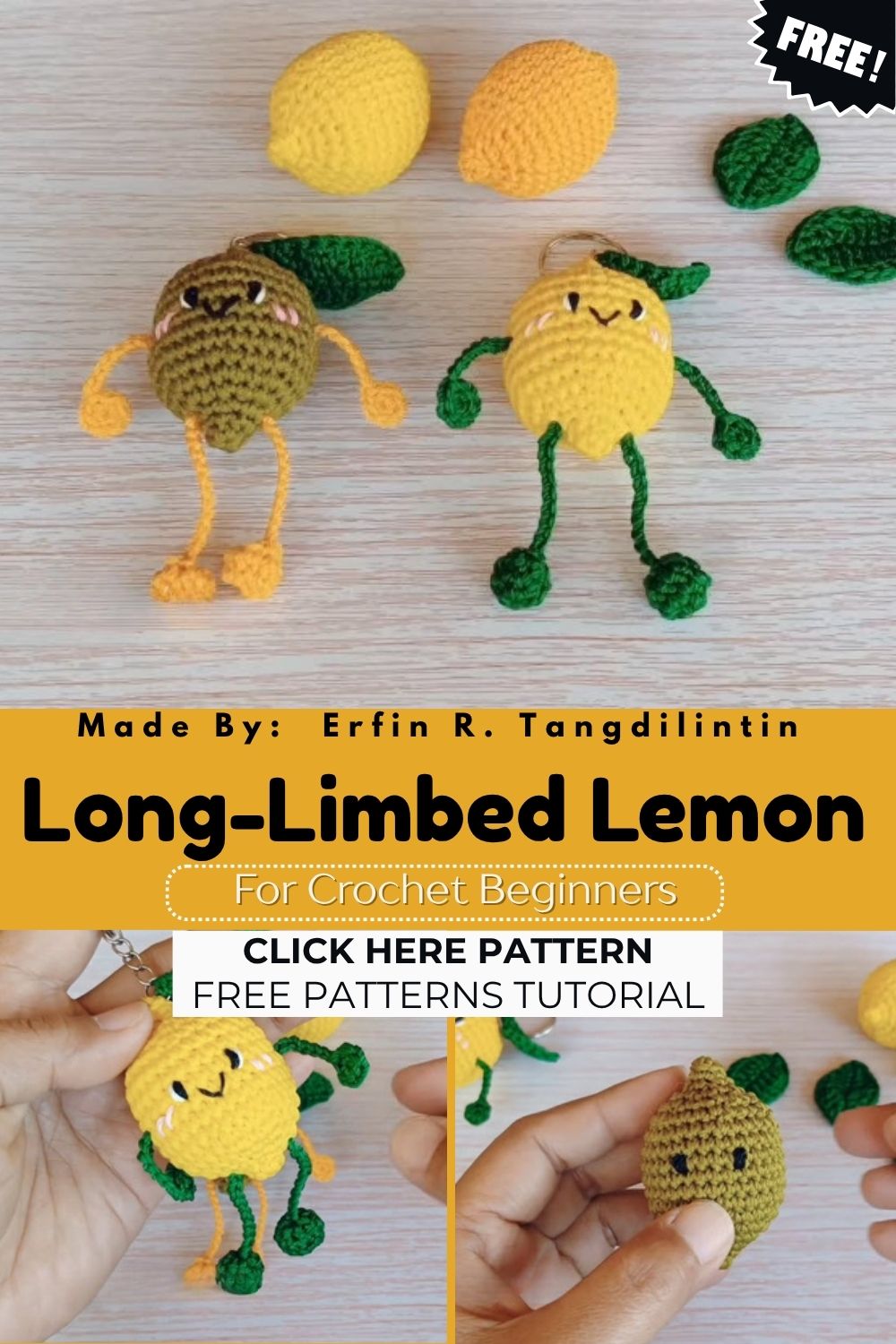 Crochet Long-Limbed Lemon Pattern for Bags and Cars