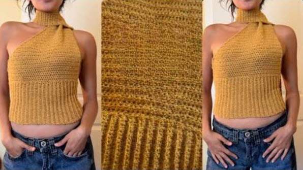 Crochet One Shoulder Turtleneck Top Pattern with Draped Collar