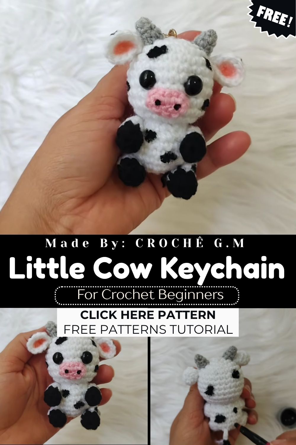 Crochet Sweet Little Cow Keychain Amigurumi Pattern For bags