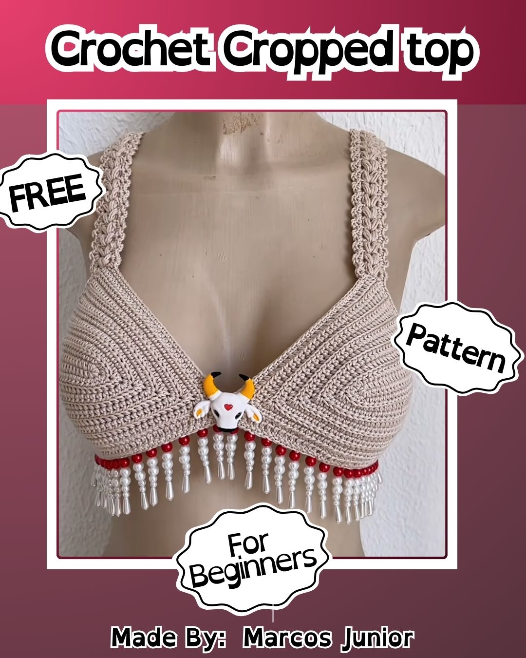 Free Crochet Cropped top Pattern with pearls