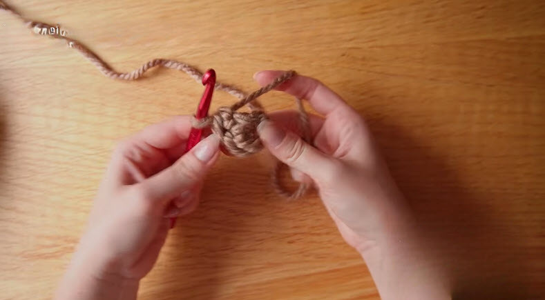 Working a magic ring with pink crochet hook
