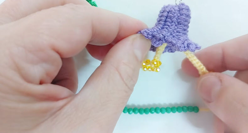 Attaching beaded fringe to purple crochet earring bell
