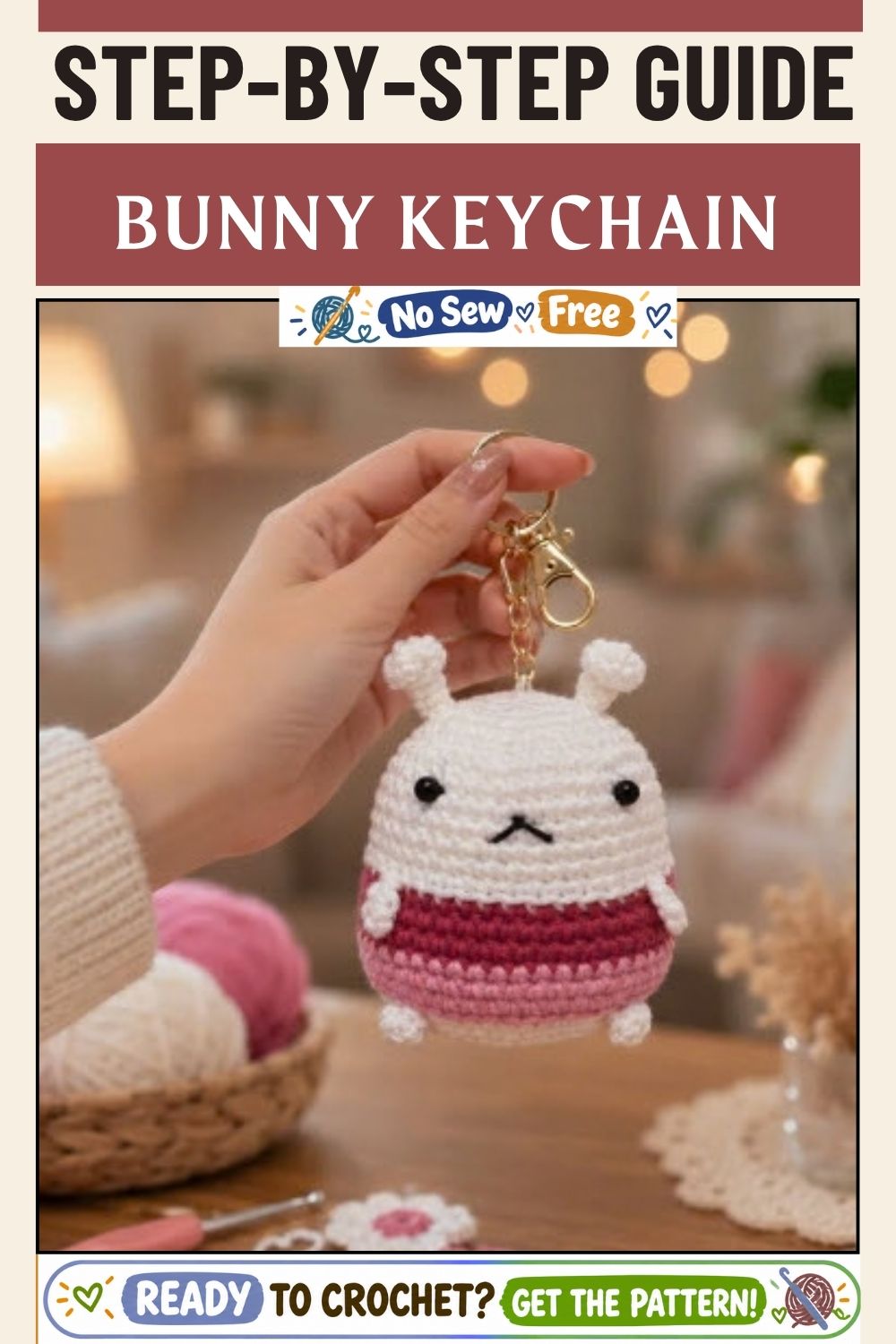 Finished chubby crochet bunny keychain on a key ring