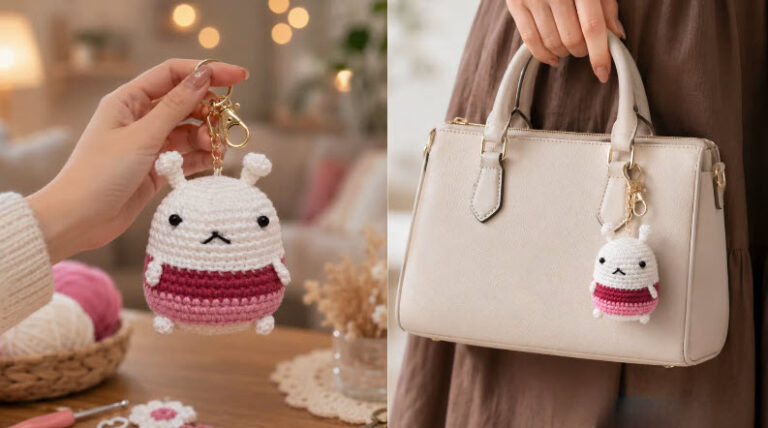 Chubby Crochet Bunny Keychain With Pink Stripes (2)