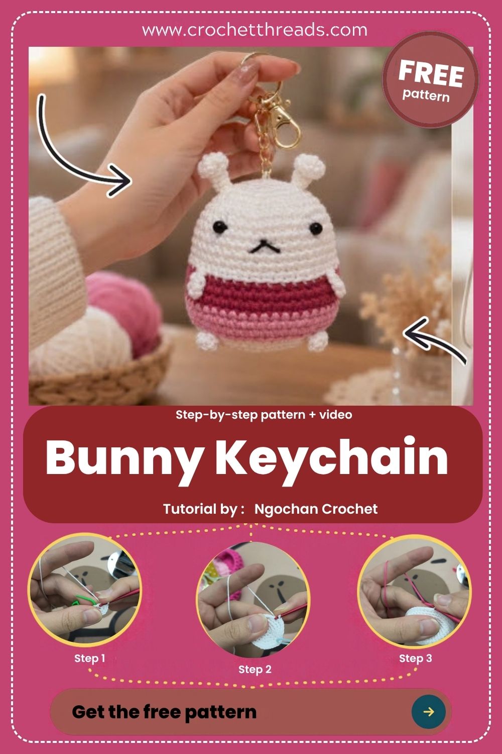 Chubby crochet bunny keychain with pink stripes