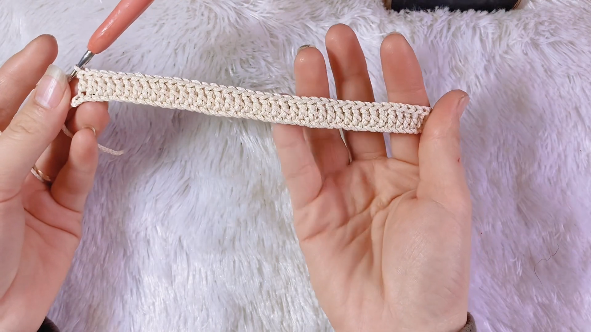 Cream crochet strip base for the keychain wallet keyring