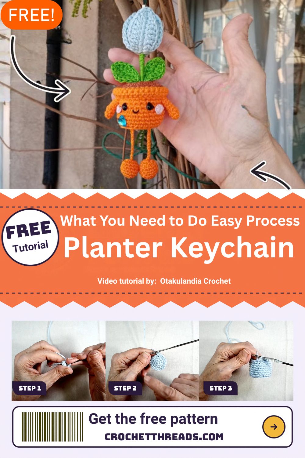 Crochet baby planter keychain with a tulip in a light blue pot.