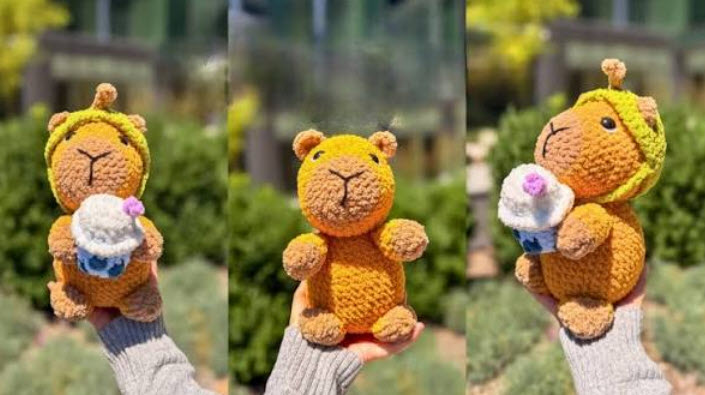 Free Crochet Capybara With a Hood and Cupcake