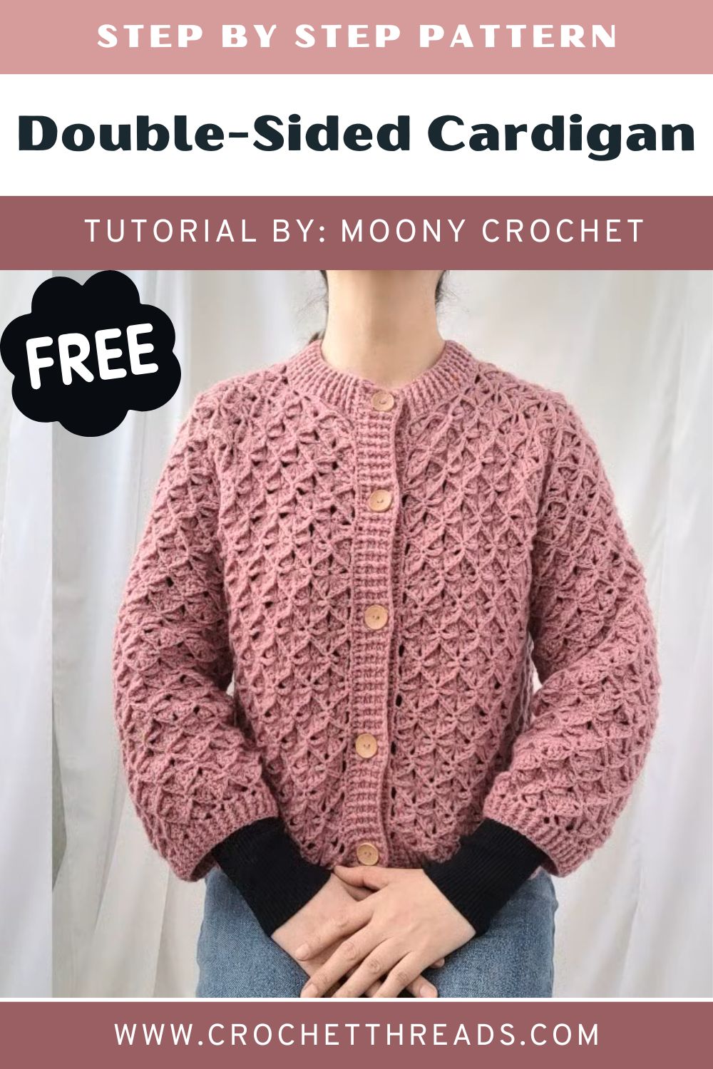 Crochet Double-Sided Cardigan Pattern showing reversible stitch pattern