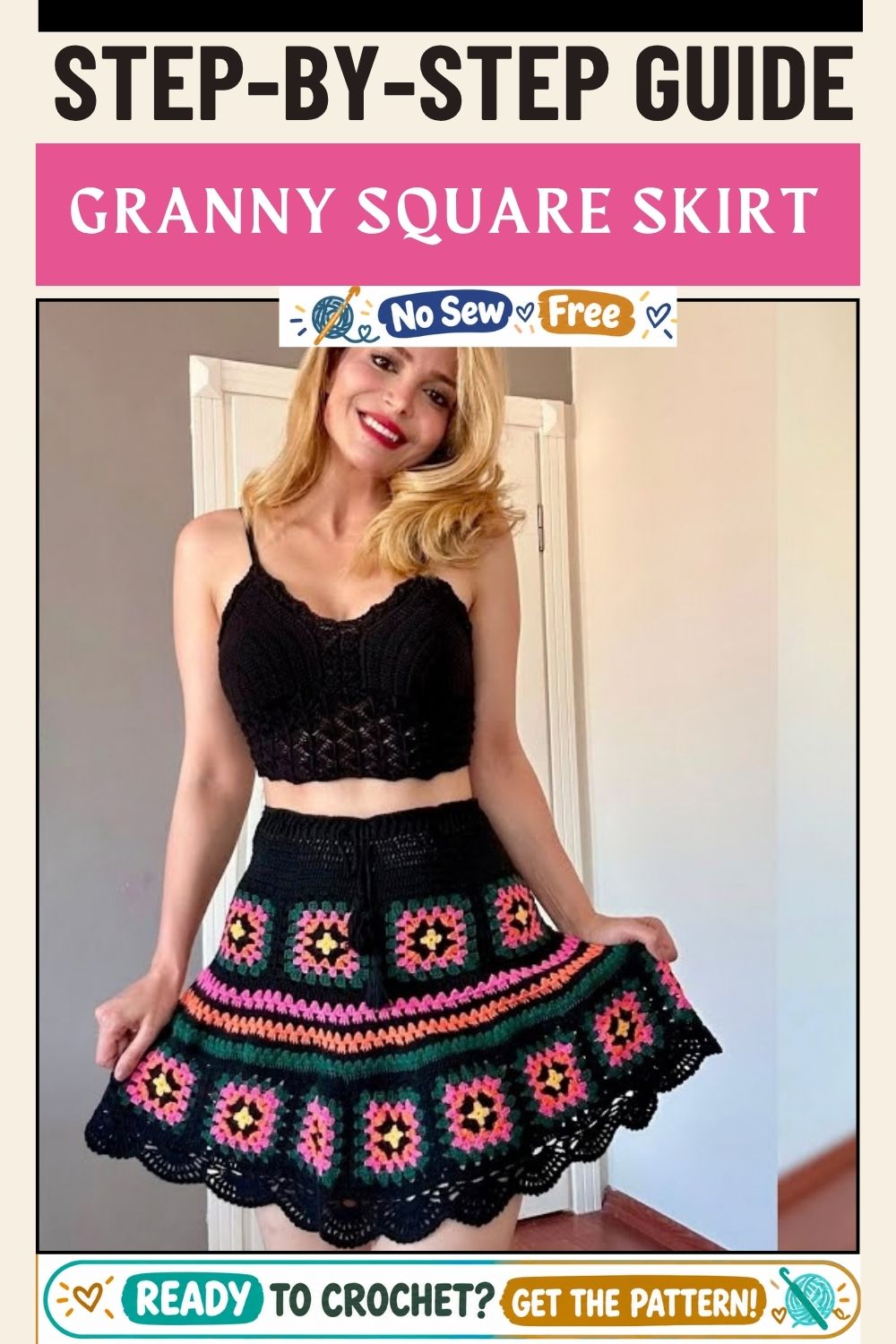 Patchwork crochet granny square skirt for autumn