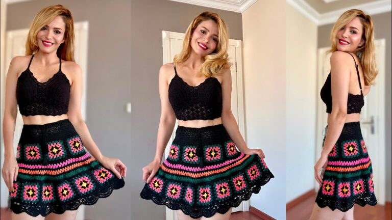 Crochet Granny Square Skirt With Scalloped Hem