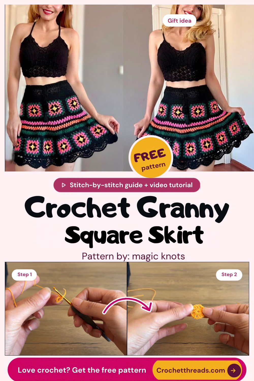 Crochet granny square skirt with black borders and scalloped hem