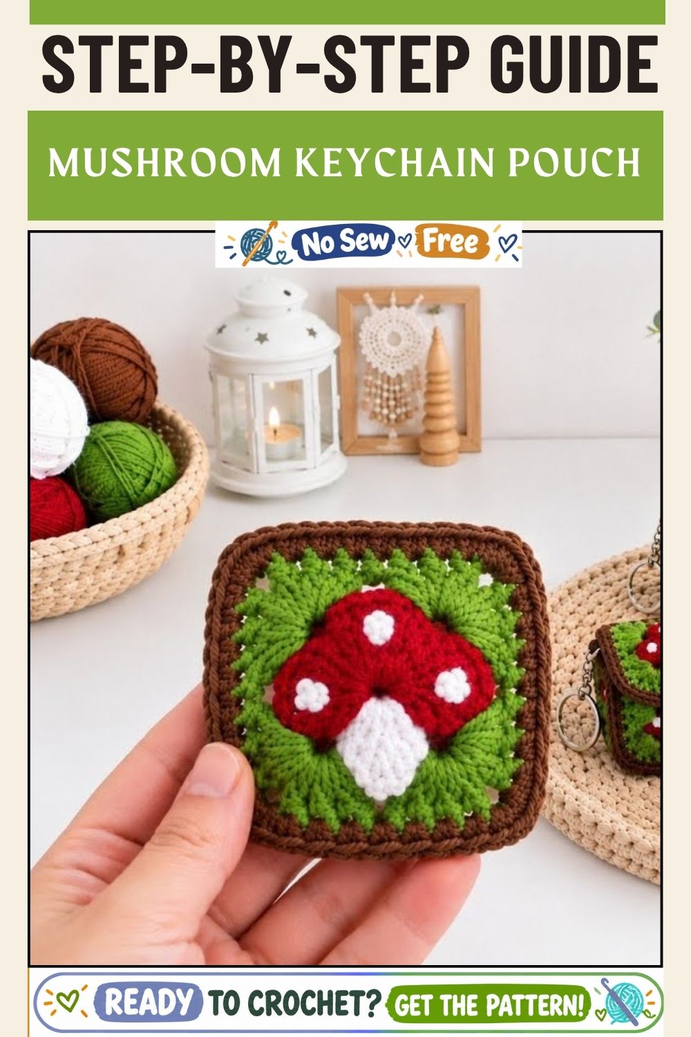 Finished crochet mushroom keychain pouch on a key ring