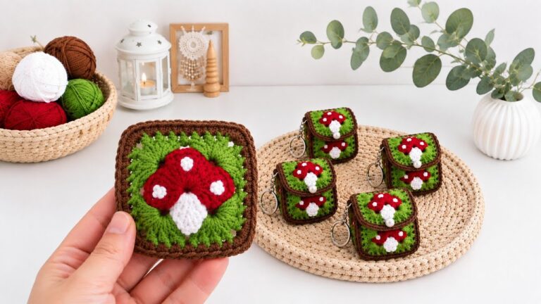 Crochet Mushroom Keychain Pouch From Granny Squares
