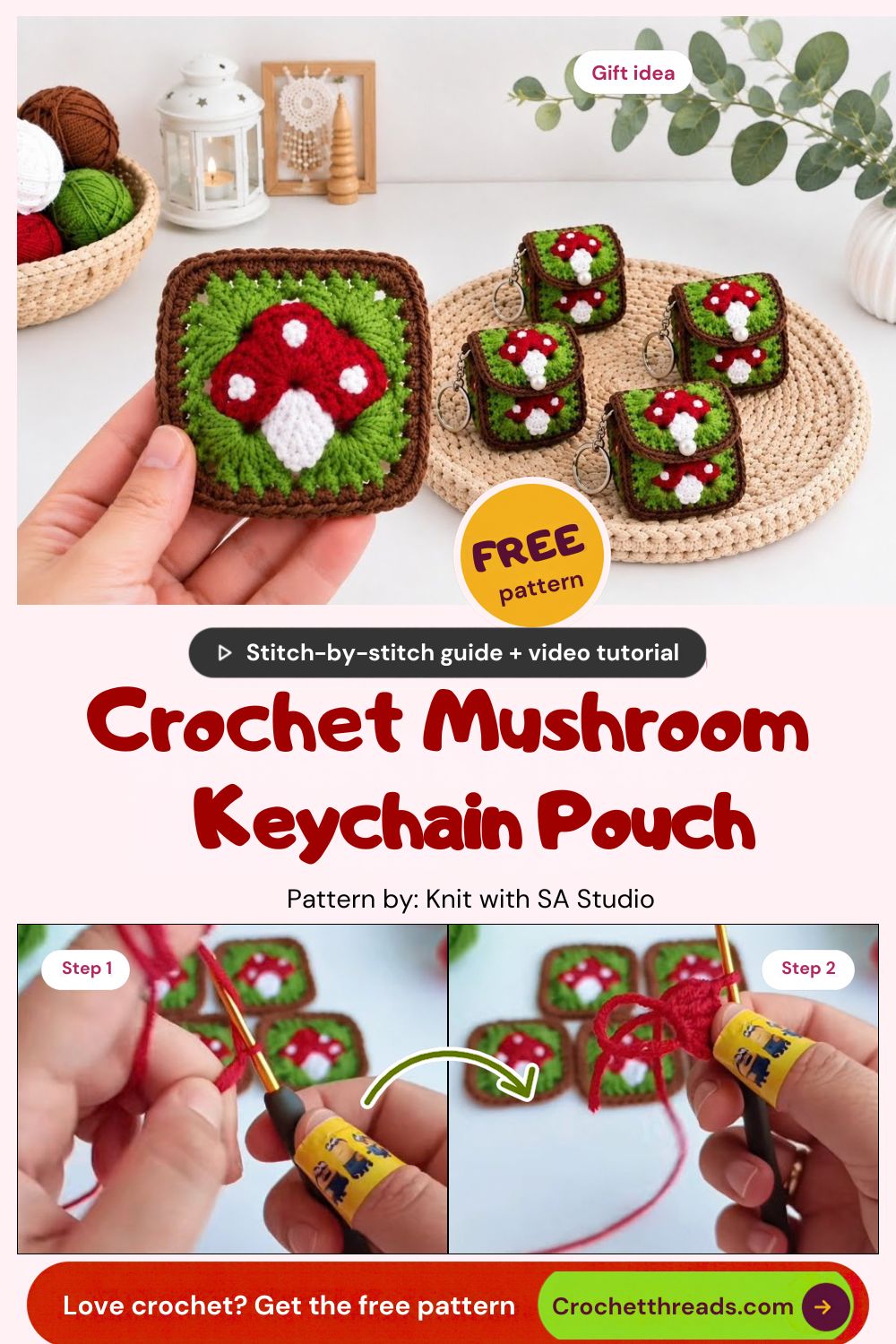 Crochet mushroom keychain pouch made from granny squares